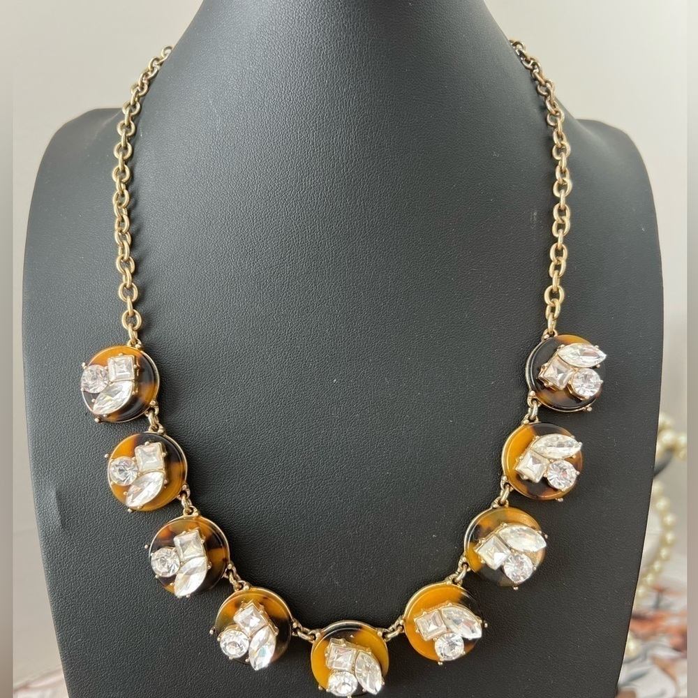J. Crew Gold Tone Faux Tortoise & Glass Rhinestone Necklace 20” D10